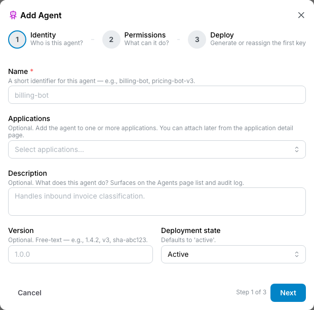 Agent create wizard, step 1