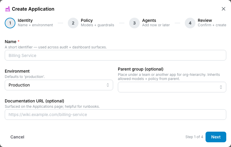 Application create wizard step 1