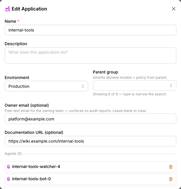 Manage agents on an application