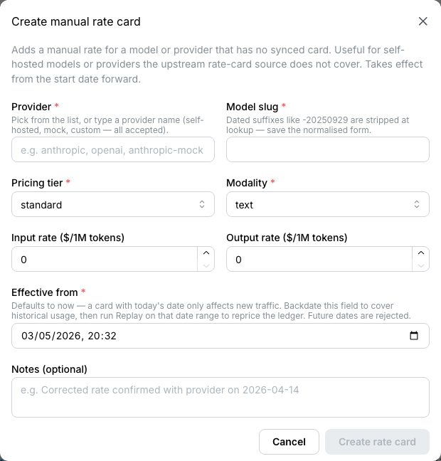 Add a manual rate card