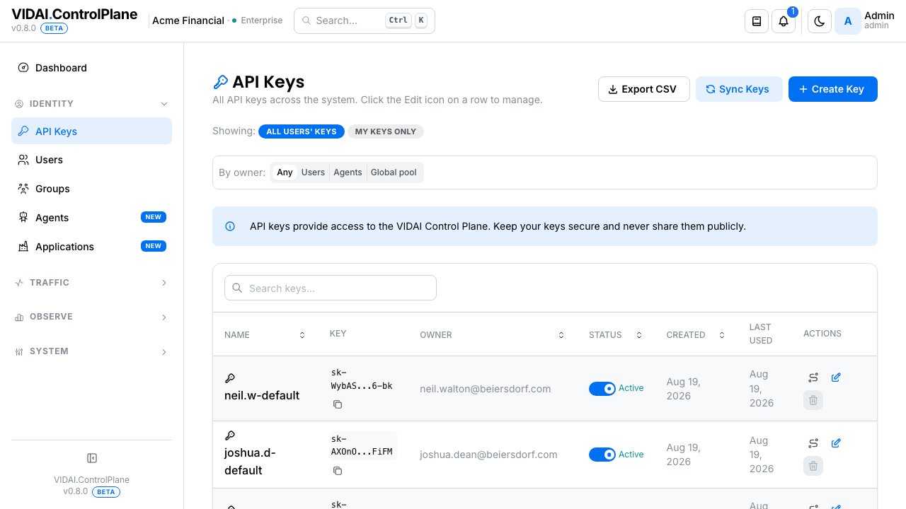 API Keys list: initial state