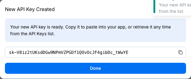 Create-key success: copy banner