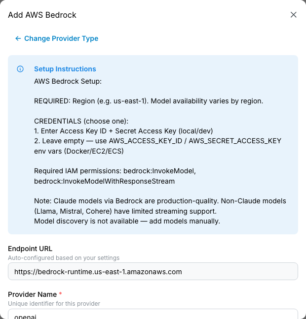Add provider form, Bedrock