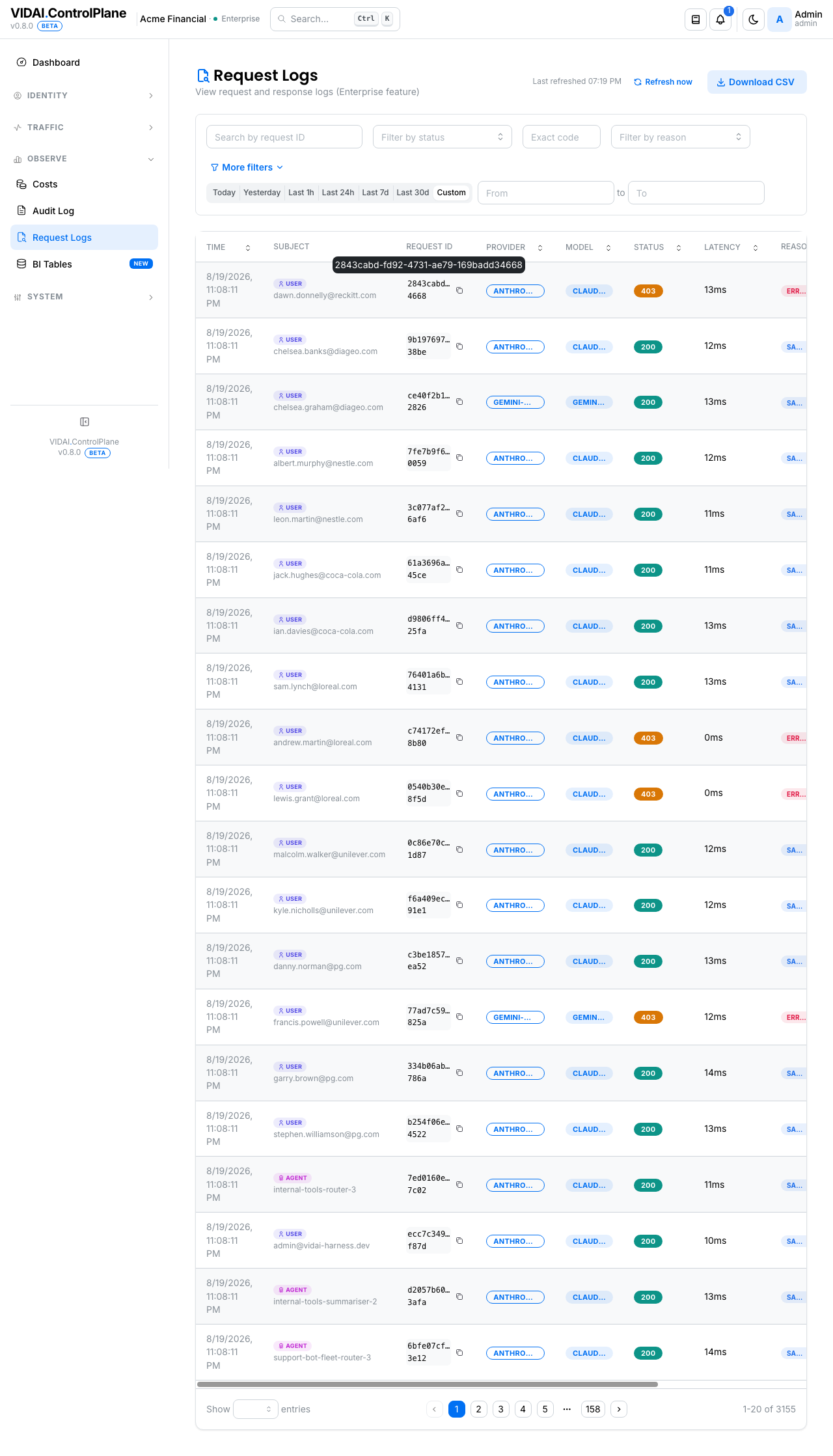 Request logs list