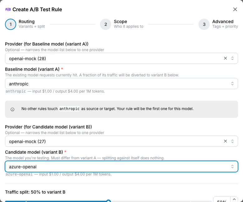 Create A/B Test wizard