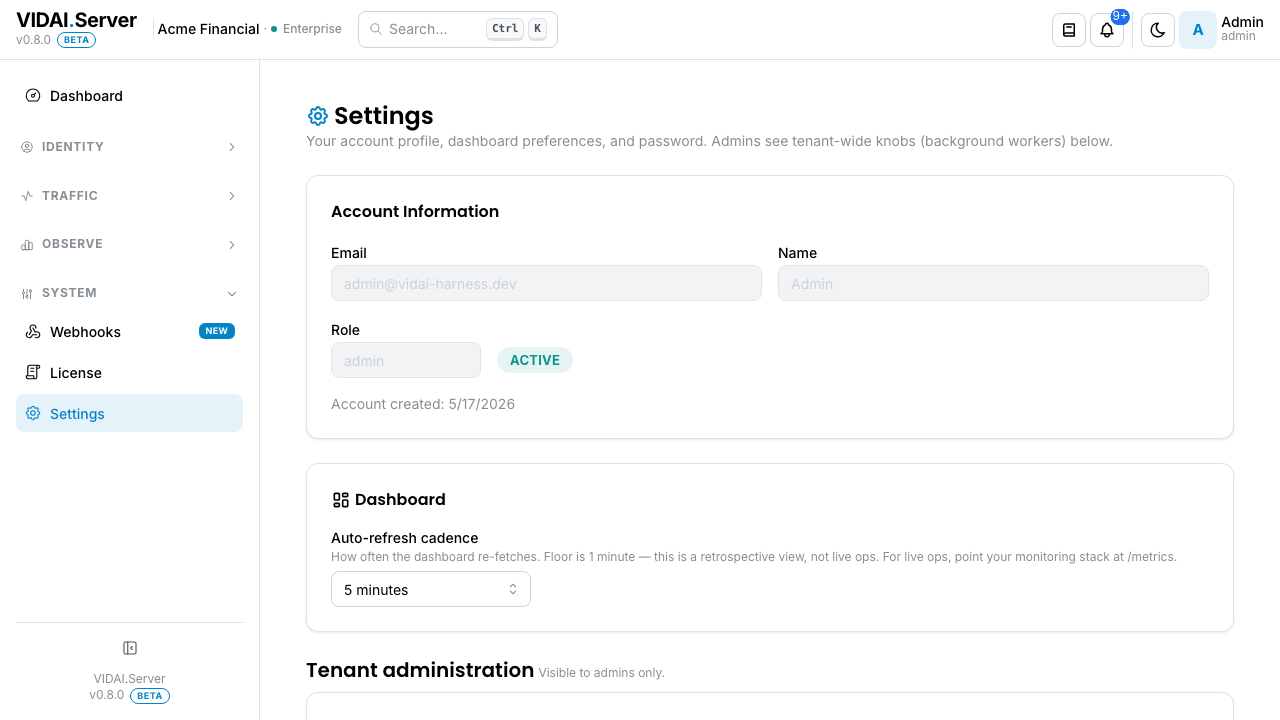 Settings page